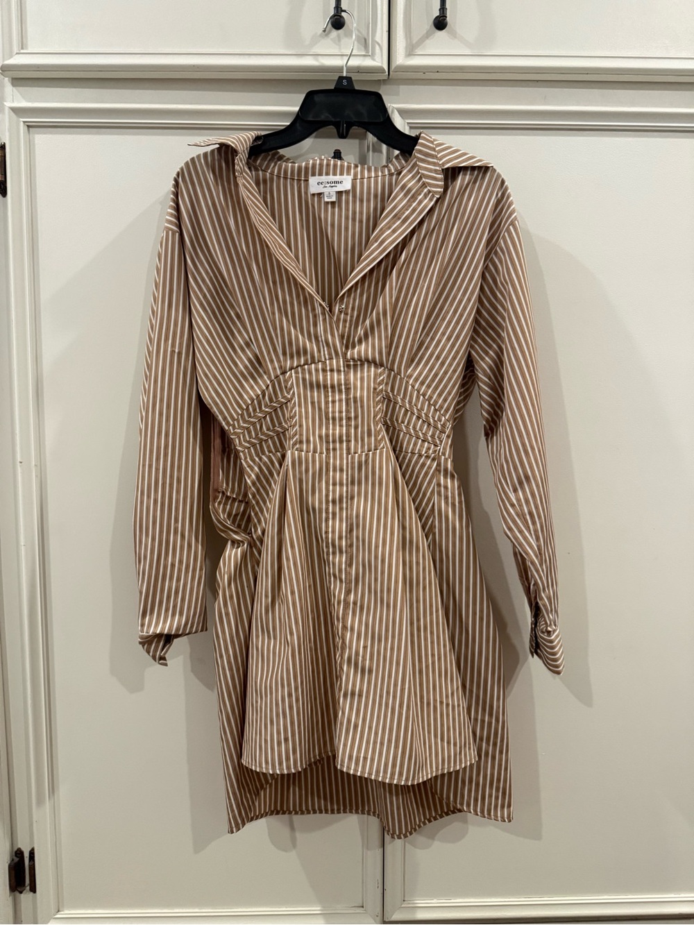 eesome Tan and White Striped Shirt Dress